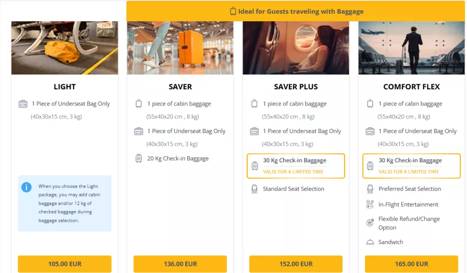 Класове тарифи на Pegasus Airlines