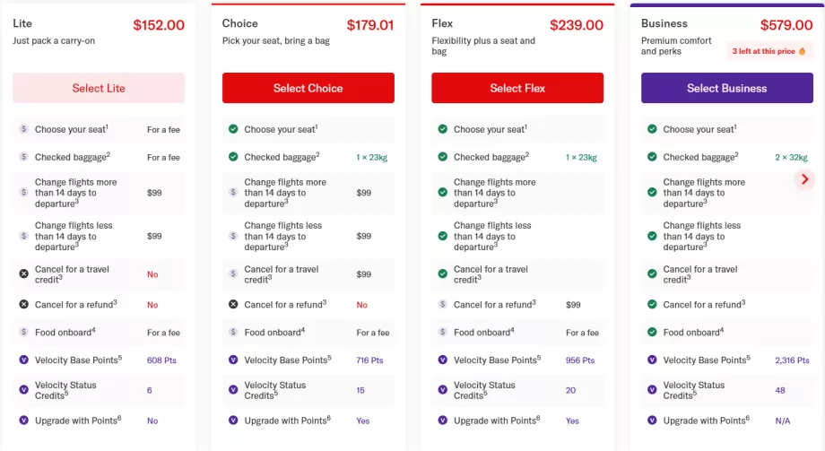 Тарифи на Virgin Australia