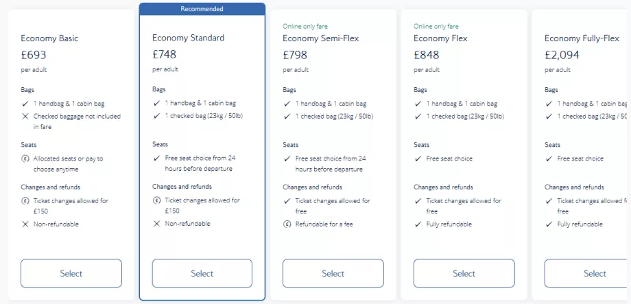 Икономични класове на British Airways