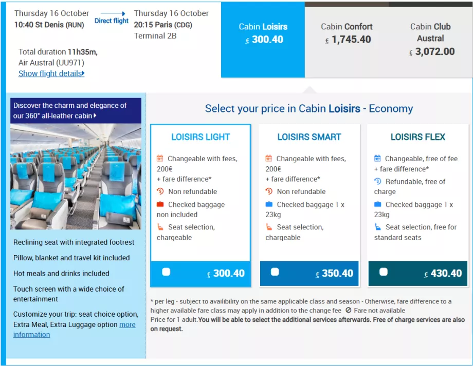Класове тарифи на Air Austral