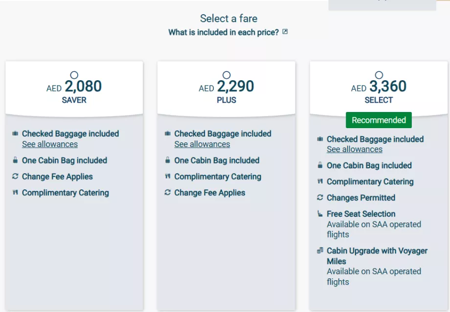 Класове тарифи на South African Airways