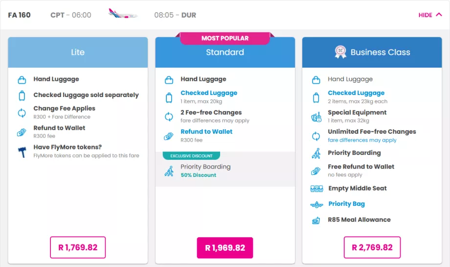 Класове тарифи на FlySafair