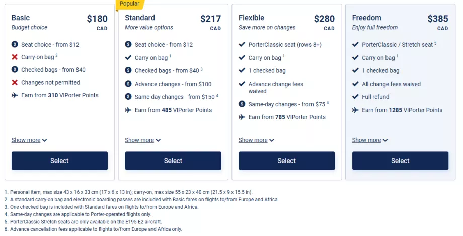 Porter Airlines - тарифни класове
