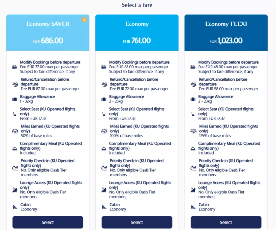Класове тарифи на Kuwait Airways