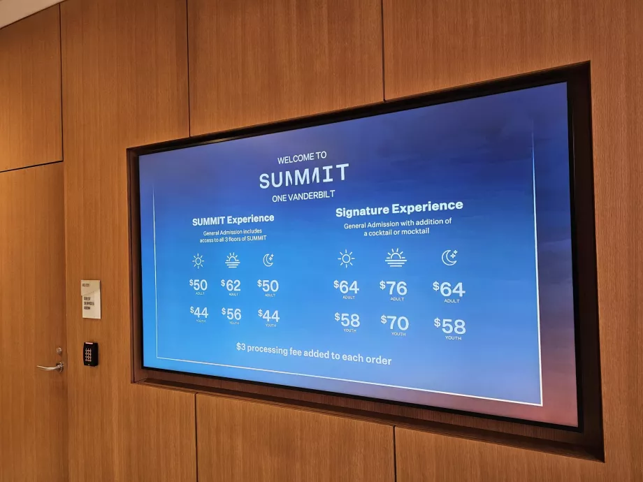 Summit One Vanderbilt, ценова листа