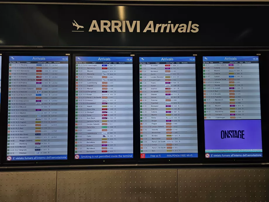 Табло за пристигащи, летище Malpensa